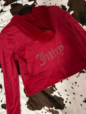 Juicy Couture Red Velour Hoodie with Rhinestone Logo